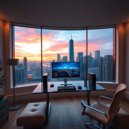 A modern room with a stunning city view through a large panoramic window