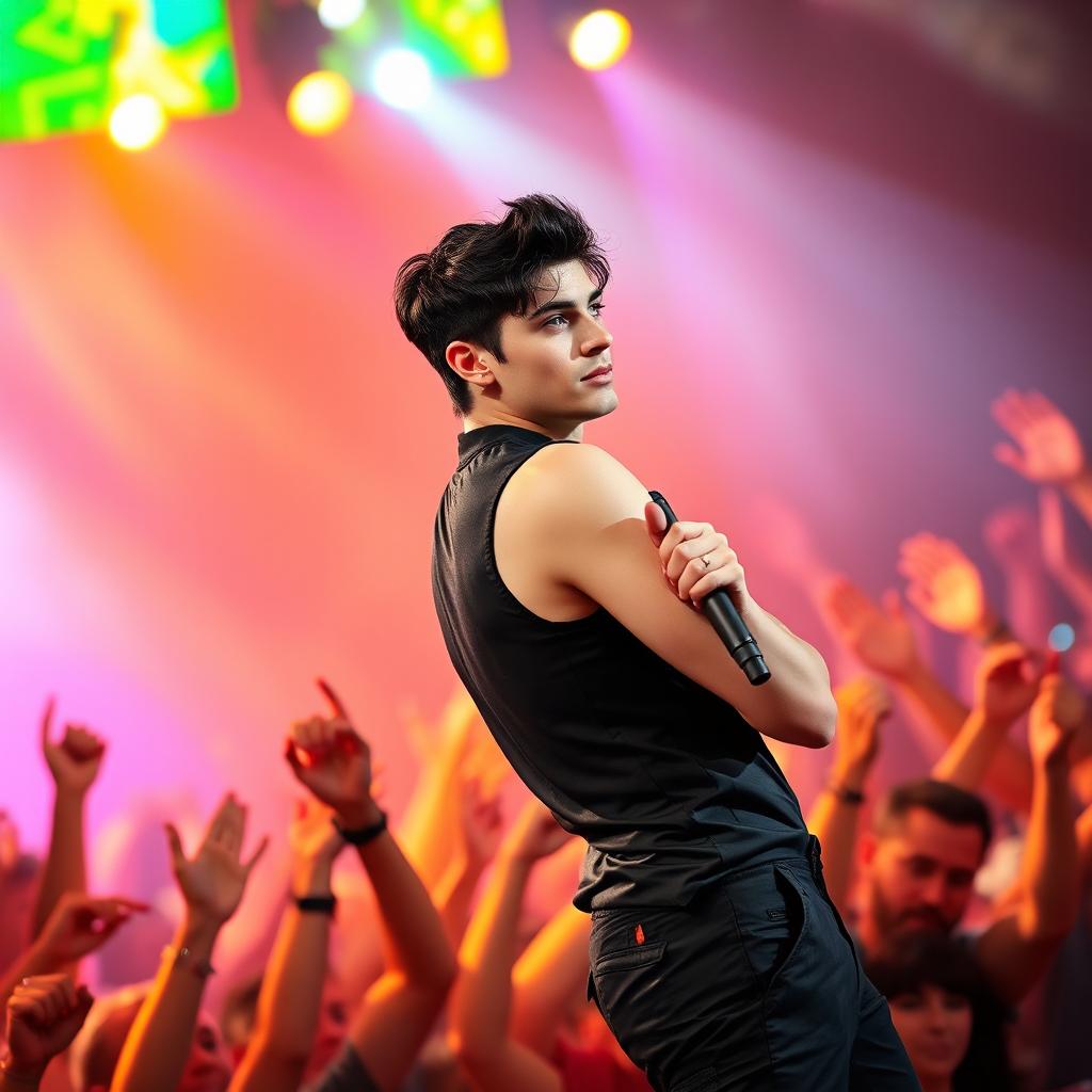 A handsome male pop singer with dark black hair, standing on a vibrant stage full of colorful lights