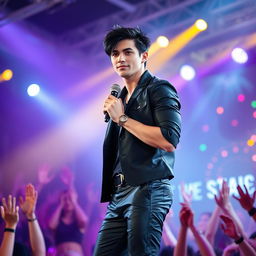 A handsome male pop singer with dark black hair, standing on a vibrant stage full of colorful lights