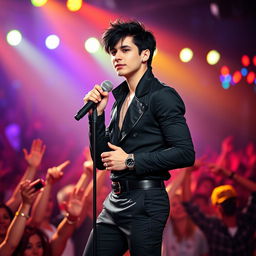 A handsome male pop singer with dark black hair, standing on a vibrant stage full of colorful lights