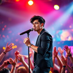 A handsome male pop singer with dark black hair, standing on a vibrant stage full of colorful lights