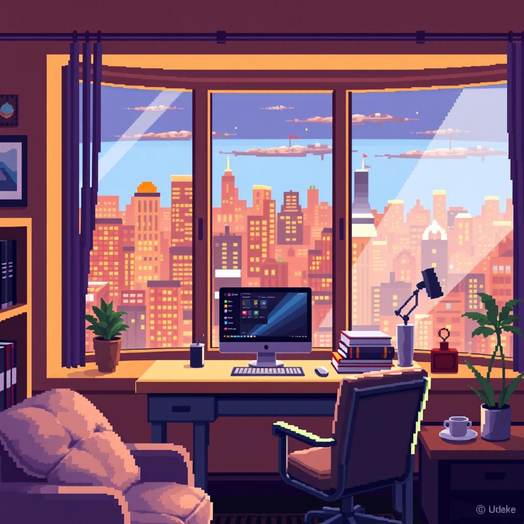 A pixel art depiction of a room featuring a panoramic window with a view of a vibrant cityscape