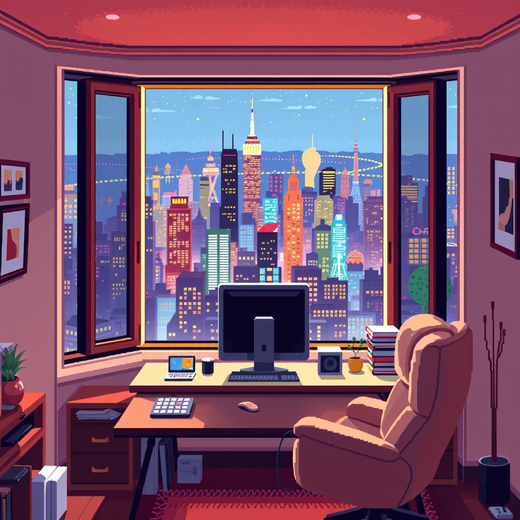 A pixel art depiction of a room featuring a panoramic window with a view of a vibrant cityscape