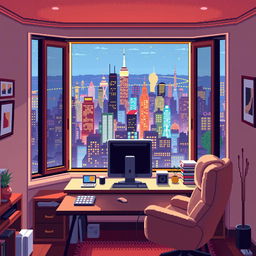 A pixel art depiction of a room featuring a panoramic window with a view of a vibrant cityscape