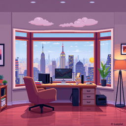 A pixel art depiction of a room featuring a panoramic window with a view of a vibrant cityscape