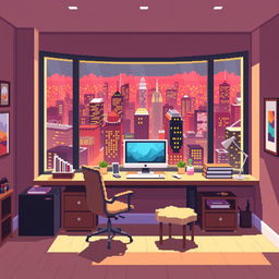 A pixel art depiction of a room featuring a panoramic window with a view of a vibrant cityscape