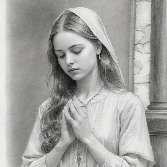 Aesthetically drawn sketch of a devout girl gently gripping a rosary, her eyes closed in prayer, surrounded by the tranquil beauty of a church.