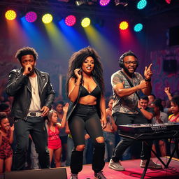 A vibrant and energetic scene featuring a Black pop music group performing on stage