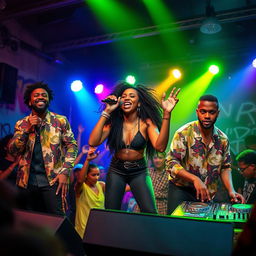 A vibrant and energetic scene featuring a Black pop music group performing on stage