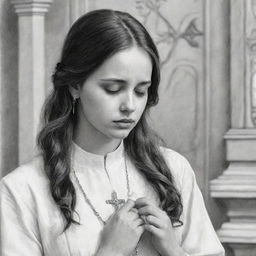 Aesthetically drawn sketch of a devout girl gently gripping a rosary, her eyes closed in prayer, surrounded by the tranquil beauty of a church.