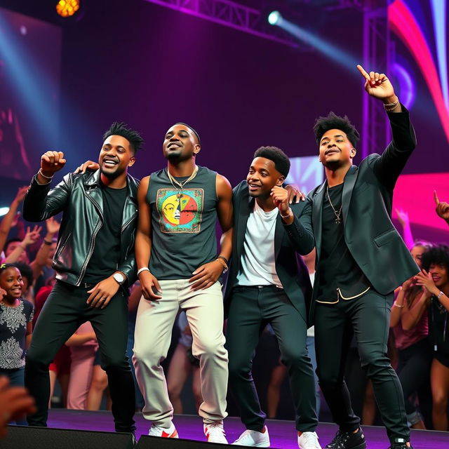 A high-energy performance scene featuring a Black pop music group composed of four male members