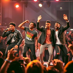 A high-energy performance scene featuring a Black pop music group composed of four male members