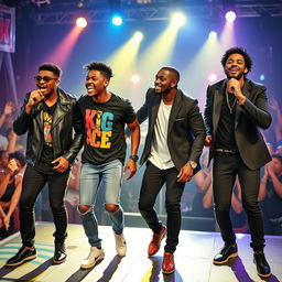 A high-energy performance scene featuring a Black pop music group composed of four male members