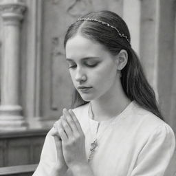 Aesthetically drawn sketch of a devout girl gently gripping a rosary, her eyes closed in prayer, surrounded by the tranquil beauty of a church.