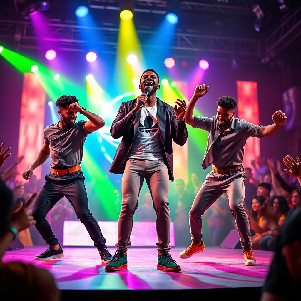 A vibrant pop music performance scene featuring a Black male singer at the center stage