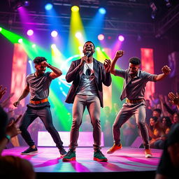 A vibrant pop music performance scene featuring a Black male singer at the center stage