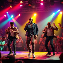 A vibrant pop music performance scene featuring a Black male singer at the center stage