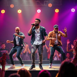 A vibrant pop music performance scene featuring a Black male singer at the center stage