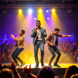 A vibrant pop music performance scene featuring a Black male singer at the center stage