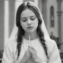 Aesthetically drawn sketch of a devout girl gently gripping a rosary, her eyes closed in prayer, surrounded by the tranquil beauty of a church.