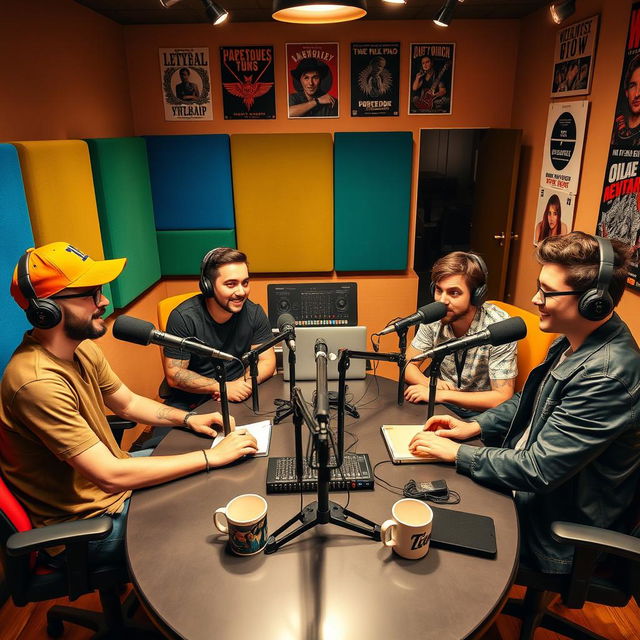 A vibrant and dynamic podcast studio featuring four young men engaging in a lively discussion around microphones