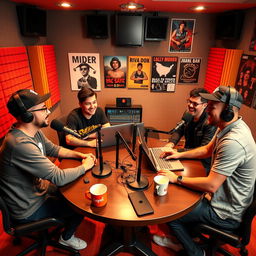 A vibrant and dynamic podcast studio featuring four young men engaging in a lively discussion around microphones