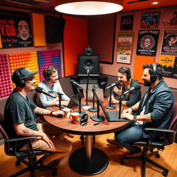 A vibrant and dynamic podcast studio featuring four young men engaging in a lively discussion around microphones