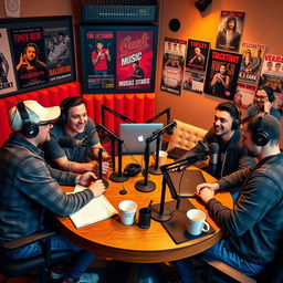 A vibrant and dynamic podcast studio featuring four young men engaging in a lively discussion around microphones