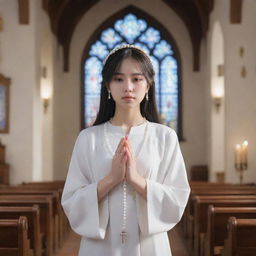 Anime style illustration of a girl, embodied with aesthetic beauty, holding a rosary and praying in a serene, traditional church.