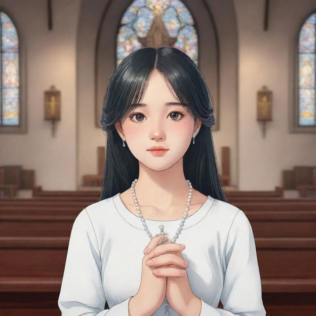 Anime style illustration of a girl, embodied with aesthetic beauty, holding a rosary and praying in a serene, traditional church.