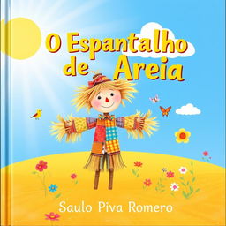 A charming and imaginative children's book cover featuring a whimsical straw scarecrow standing in a sunlit field of golden sand