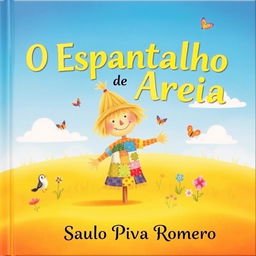 A charming and imaginative children's book cover featuring a whimsical straw scarecrow standing in a sunlit field of golden sand