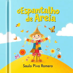 A charming and imaginative children's book cover featuring a whimsical straw scarecrow standing in a sunlit field of golden sand