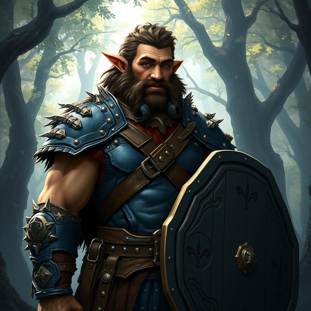 A male Firbolg D&D character, characterized by his tall and muscular build with fur-covered skin in earthy tones