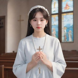 Anime style illustration of a girl, embodied with aesthetic beauty, holding a rosary and praying in a serene, traditional church.