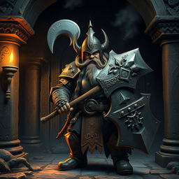 A heroic dwarf knight, clad in intricately detailed armor, stands boldly at the entrance of a mysterious tomb