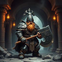 A heroic dwarf knight, clad in intricately detailed armor, stands boldly at the entrance of a mysterious tomb