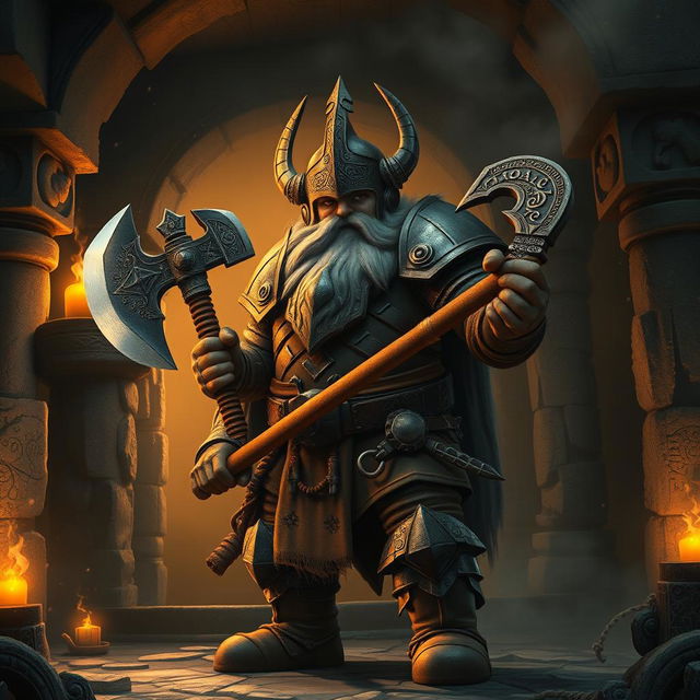 A heroic dwarf knight, clad in intricately detailed armor, stands boldly at the entrance of a mysterious tomb