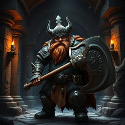 A heroic dwarf knight, clad in intricately detailed armor, stands boldly at the entrance of a mysterious tomb