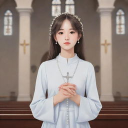 Anime style illustration of a girl, embodied with aesthetic beauty, holding a rosary and praying in a serene, traditional church.