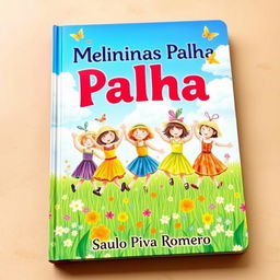 A delightful children's book cover featuring a group of cheerful straw girls, each adorned in colorful outfits made of various fabrics and straw