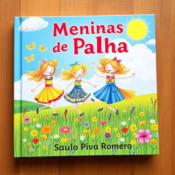 A delightful children's book cover featuring a group of cheerful straw girls, each adorned in colorful outfits made of various fabrics and straw