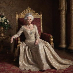 A regal queen, draped in elegant royal attire, sitting gracefully by her ornate throne in a lavishly decorated chamber.