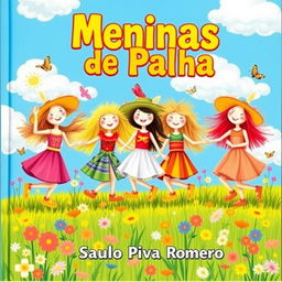 A delightful children's book cover featuring a group of cheerful straw girls, each adorned in colorful outfits made of various fabrics and straw