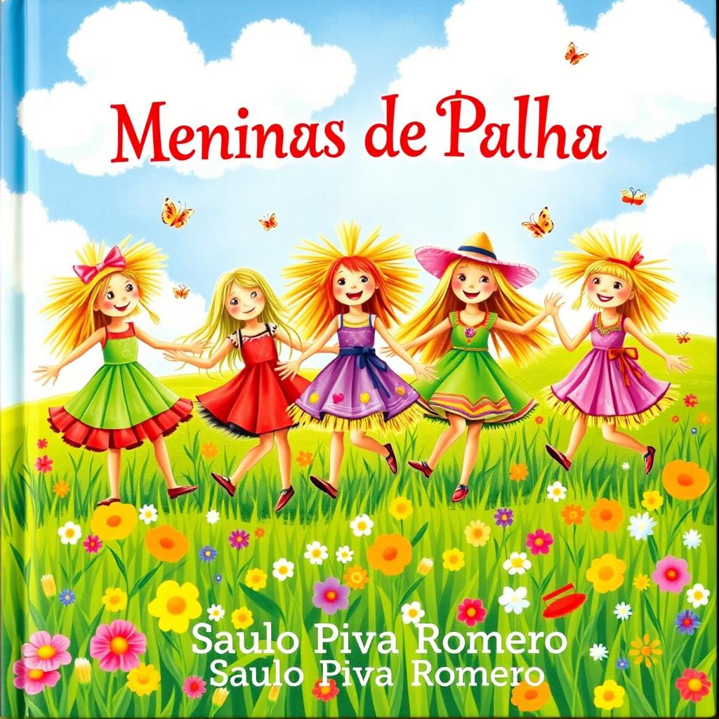 A delightful children's book cover featuring a group of cheerful straw girls, each adorned in colorful outfits made of various fabrics and straw