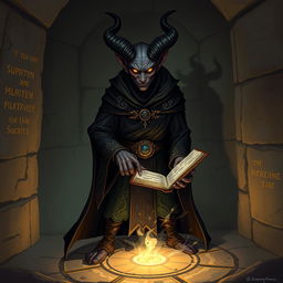 A striking tiefling wizard, exuding an aura of mystery and intelligence, is depicted in an ancient tomb