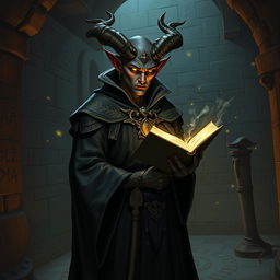 A striking tiefling wizard, exuding an aura of mystery and intelligence, is depicted in an ancient tomb