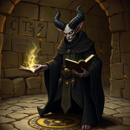 A striking tiefling wizard, exuding an aura of mystery and intelligence, is depicted in an ancient tomb