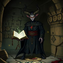 A striking tiefling wizard, exuding an aura of mystery and intelligence, is depicted in an ancient tomb