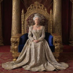 A regal queen, draped in elegant royal attire, sitting gracefully by her ornate throne in a lavishly decorated chamber.